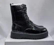 Olivia Miller Black Croc Combat Boot Women 10 Lace Up Platform Chunky Goth Biker