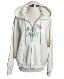 Obey Zip Up Hoodie Womens Large Ivory Wavy Dog Print Fleece Lined Sweater