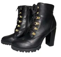 Express‎ Women's Black Lace Up Ankle Boots Gold Accent Lug Heel Booties