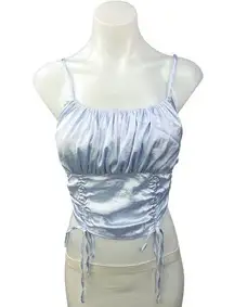 Idem Ditto Blue Silk Satin Sleeveless Smocked Ruched Cami Crop Top Size S