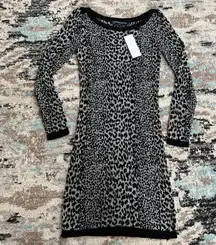 NWT!  Leopard Jacquard Round Neck Sweater Dress Grey/Black