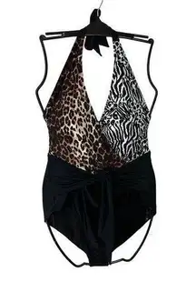 Women's NINE WEST XXL Belted Animal Print 1-Pc Swimsuit Zebra Leopard