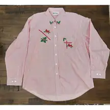 Vintage XL Holiday Shirt Red Striped Button Up Embroidery Holiday Holly Berries