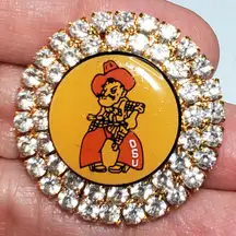 Vtg Oklahoma State Cowboys Pistol Pete OSU Mascot Brooch Clear Rhinestone 1"