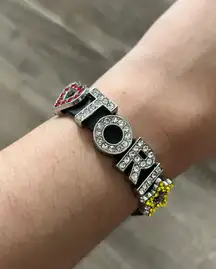 Tori Rhinestone Black Leather Link Bracelet Watch Band Y2K