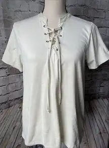 White Crow Ivory Faux Suede Lace Up Short Sleeve Shirt Women’s M