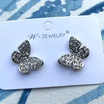 Rhinestone silver butterfly stud earrings gift girlfriend wife birthday present