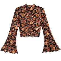 Black Sheer Floral Top Blouse Shirt Fall Boho Flare Sleeve L Large XL