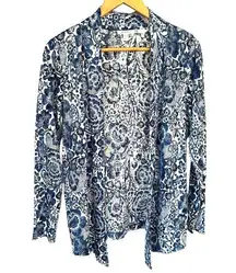 Chico's knit cardigan Blue and White Floral lightweight 100% linen open front
