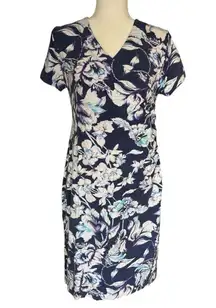 Soft Surroundings Shapely Anywhere Floral Faux Wrap Dress Blue Medium Petite