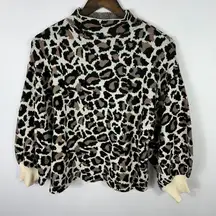 Line & Dot Leopard Sweater Women L Mock‎ Neck Balloon Sleeve Animal Print Chic