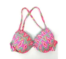 SHADE & SHORE Push Up Halter Pink Ruffle Bikini Top Bra Swimsuit Strappy 34B NEW