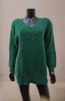 Vintage Reed Hunter Green Knit Floral Embroidered Sweater Tunic Ramie Cotton S