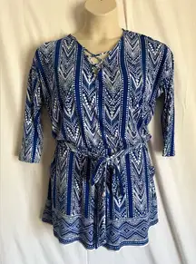 Market & Spruce Blue and White Patterned Romper Jumpsuit with Pockets