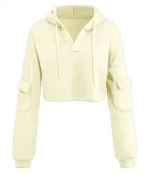 Micas Women's V-Neck Long Sleeve Pocket Hooded Sweatshirt Pullover Beige‎ Large