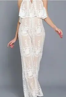 Aakaa NY & Co White Sheer Lace Jumpsuit Flowy Spaghetti Strap Lined Large NWT