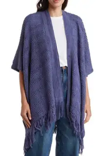 NWT Vince Camuto Textured Knit Kimono Topper Shawl Blue Fringe Boho
