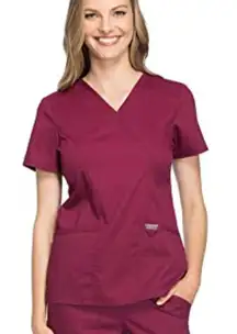 Cherokee Workwear Mock Wrap Medical Scrubs Top Burgundy Wine Size Small