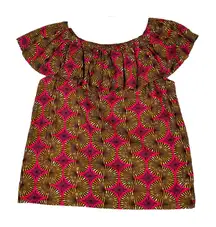 Chez Kevito‎ Shirt Womens Large Pink Yellow Off Shoulder Ruffle Bohemian Peasant