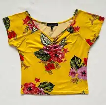 Ruched Front Marigold Yellow Tropical Floral Short Sleeve Crop Top M