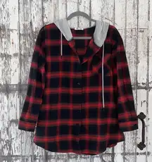 Buffalo plaid button up with gray hoodie