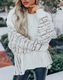 andthewhy Cable Knit Plaid Tweed Knit Back Crew Neck Slouchy Sweater White