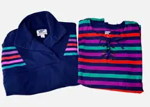 Lands End Seriously Sweats Sweatshirt Multi Color Stripe Navy Blue 2pc Bundle M