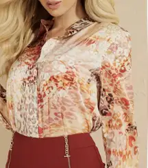 Marciano Guess Flux floral Leopard print long sleeve sheer button blouse Small
