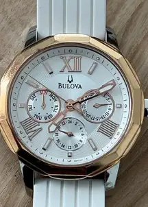 Bulova  Ladies Chronograph Style Watch Silver Dial Rose Gold Case Date Dial