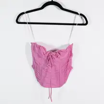 Zara Sheer Tulle Mesh Ruched Corset Strapless Bow Tie Front Tank Shirt Pink S