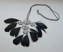 Silver Tone‎ & Black Feather Goth Emo Western Punk Boho Statement Necklace