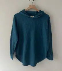 Revolve Chaser Teal Hooded Sweater Top Waffle Knit pullover long sleeve hood L