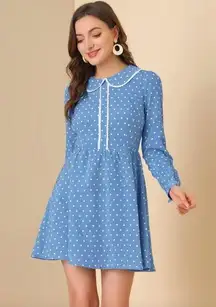 Allegra K Dress M Heart Print Long Sleeve A-Line Peter Pan Collar Mod Retro Blue