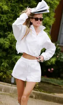 Alo Yoga cropped 1/4 zip alumni pullover + shorts, white 