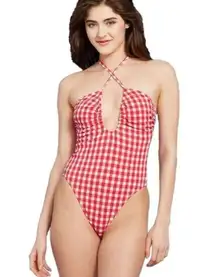 Wild Fable Womens MEDIUM Swimsuit Red Gingham Plaid Cross Halter High Leg #1