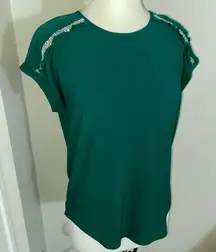 89th & Madison Diamanté Ruffle Embellished Hunter Green Blouse M Medium