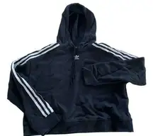 Adidas Hoodie Womens Small Black Drawstring 3 Striped Pullover Cotton