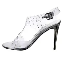 Stuart Weitzman  Clear Silver Crystal Embellishments T-Strap Sandal Heels size 7