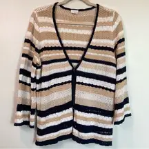 Ecru | Beachy Crochet Linen Blend Multicolor Stripe Coastal Cardigan | Size S