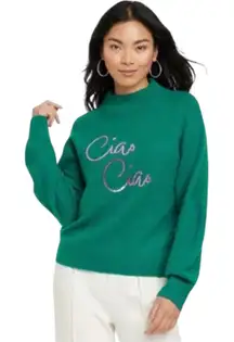 A New Day Womens Medium Green‎ Ciao Sequin Mock Neck Pullover Sweater Holiday