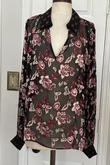 Sheer long sleeve velvet burnout paisleu print blouse