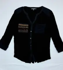 Miss Me Y2K Black Embroidered Sequin Pocket 3/4 Sleeve V Neck Button Up Shirt SM