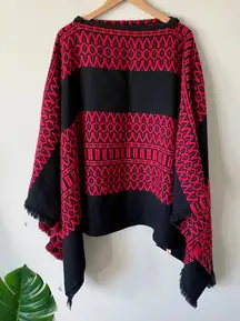 Blanket Poncho Knit Southwestern Boho Style Black and Red Fringe OS