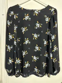 LOFT Navy Floral Flowy Long Sleeve Blouse Top Size S