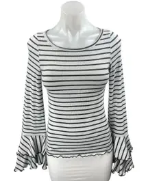 Free People Good Find White Black Striped Ruffle Long Bell Sleeve Sweater Top XS
