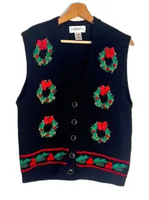 Vtg Baxter & wells knit button up Christmas holiday wreath vest petite M