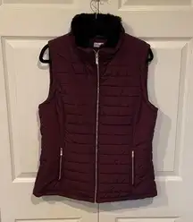 Calvin Klein Women's Puffer Vest Large Aubergine Quilted Faux Fur Collared City