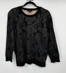 Ann Taylor Black Floral Burnout Knit Sweater Crew Neck Long Sleeve Women XL