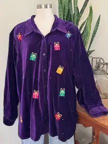Vintage Velvet Holiday Blouse Jacket Christmas Gift Top beaded 3X