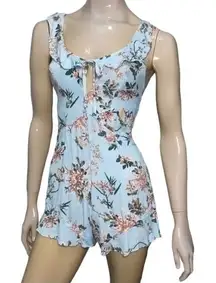 Flynn Skye Women’s XS Light Blue Floral Print Ruffle Keyhole Neckline Romper